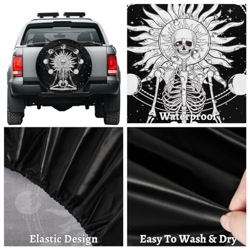 Image of Meditating Skeleton Skull Tire Covers Protectors Weatherproof Dust-Proof Moon Phase Spare Wheel Cover Fit for Jeep Wrangler RV, SUV, Truck Travel Camper Trailer Vehicle 15 inch