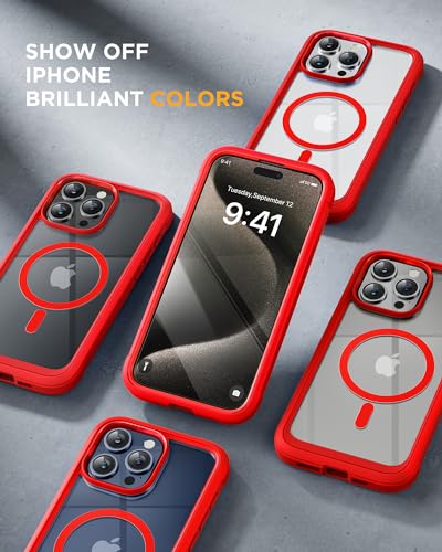 Image of Miracase Magnetic for iPhone 15 Pro Case Full-Body Bumper Phone case with Built-in Glass Screen Protector& Camera Protector, Military Drop Proof 15 Pro Cover, Magnetic Red