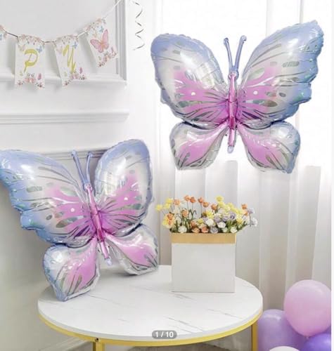 Image of AMFIN (Pack of 2) Large Butterfly Foil Balloons 34 Inch Gradient Birthday Party Decorations | Helium & Air Compatible - Blue Pink
