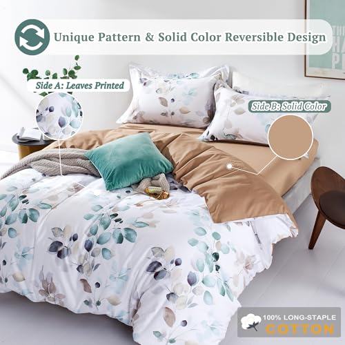 MILDLY Duvet Cover Set 100% Long-Staple Cotton Green Leaves Pattern Printed Comforter Cover 3pcs, Soft & Breathable Lightweigt Bedding Set