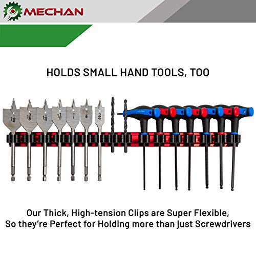 Mechan Magnetic Screwdriver Organizer Tool Holder Tray Rack, With Ultra Strong Neodymium Magnet Strip + Replacement Clips – Holds Screwdrivers, Drill Bits, Nail Sets,(Red Rail/Black Clips)