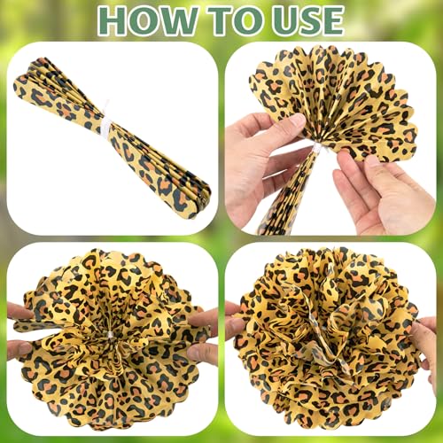 Image of Easy Joy Jungle Safari Party Tissue Pompom Wild Animal Leopard Zebra Print Decor Sage Green Paper Decoration Wall Hanging Paper Flower 12pcs for Wild Kid's Birthday Baby Shower Classroom Wall