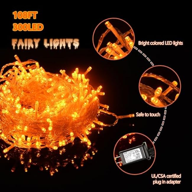 ILLUMINEW 300 Led Orange String Lights Outdoor Halloween Decorations, 108 Ft Thanksgiving Decor Lights 8 Modes Fairy Lights for Bedroom Yard Room Decor