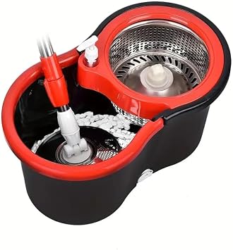 Spin Mop Bucket System, 360 Spin Mop & Bucket Floor Cleaning Stainless Steel Mop Bucket with 61" Extended Handle for Living Room, Bedroom, Kitchen, Office Black