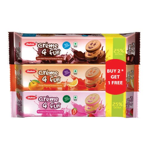 Dukes Cr�me 4 Fun strawberry/Orange and Chocolate Flavoured Sandwich Biscuits (Buy 2 get 1 free - 450g)/ Flavour's may vary
