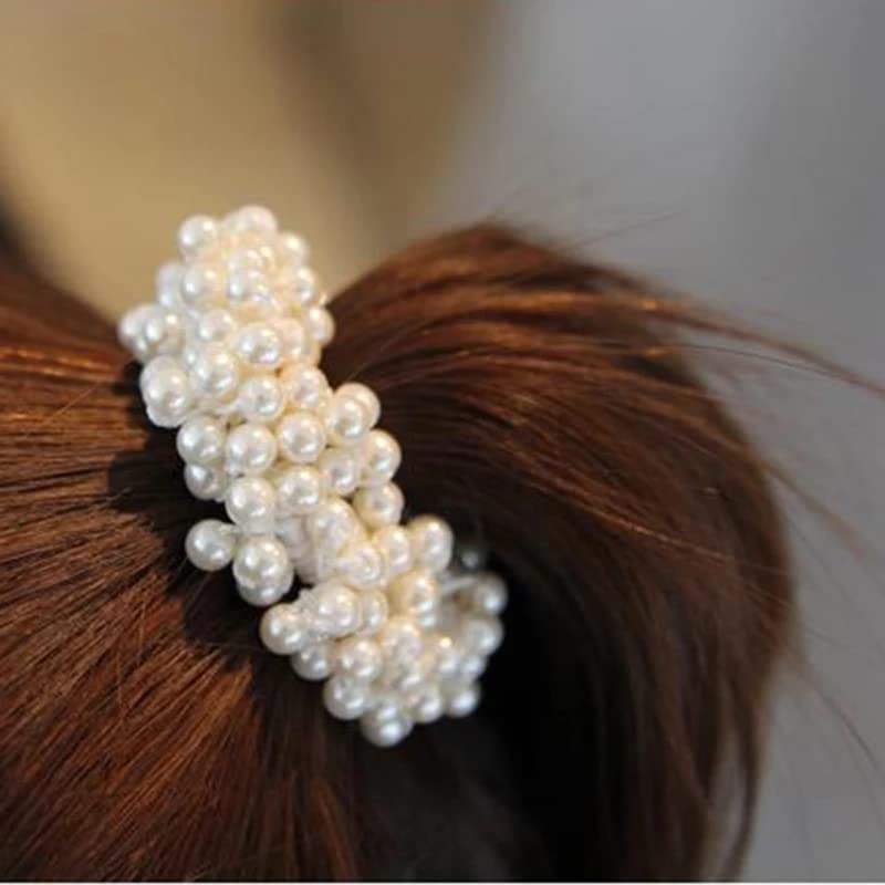 Kiyan 2Pcs Fashion Rope Scrunchie Ponytail Holder White Black Champange Faux Pearl Beads Elastic Hair Bands Hair Accessories for Women 1
