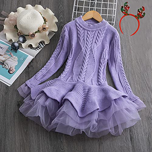 Girls Christmas Sweater Dress Toddler Kids Long Sleeve Solid Color Knit Sweater Dress Casual (Purple, 4-5 Years)4