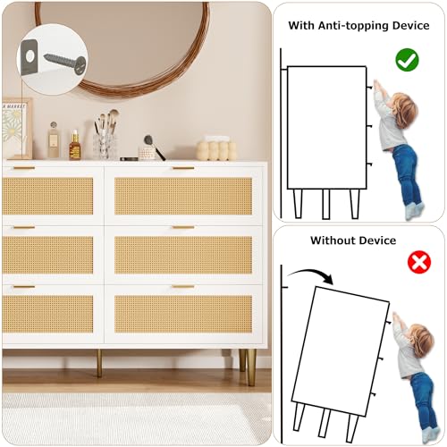 GarveeHome Rattan 6 Drawer Dresser for Bedroom, Modern Chest of Drawers with Gold Legs and Gold Handles, Wide Double Dresser with Large Tabletop and Anti-tipping Design for Bedroom, Living Room, White