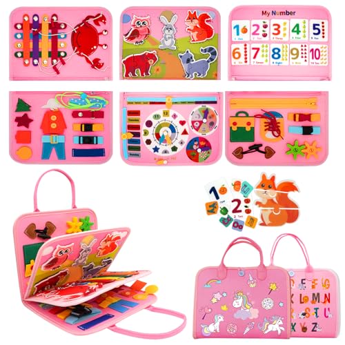 Image of MEGRANATE Montessori Busy Board, Baby Busy Book Educational Learning Toys for Toddlers Quiet Book Activity Books Buckle Toy Fine Motor Skills Toys for 3+ Year Old Kids (Pink)