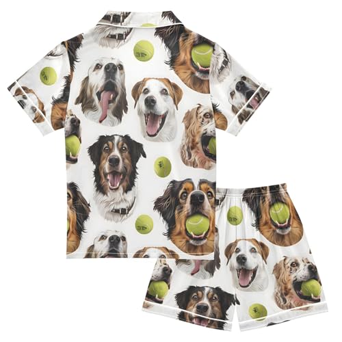 ALAZA Dog with Tennis Balls Pajamas Satin Pajama Set Short Sleeve Button Down Sleepwear2