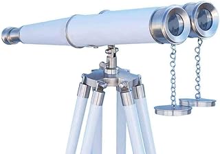 SUGRA ART 62 Inches Floor Standing Admirals Solid Brass Nickel Binocular, Fully Functional Nautical Home Decor Binoculars for Adults with Wooden Tripod Stand (White)
