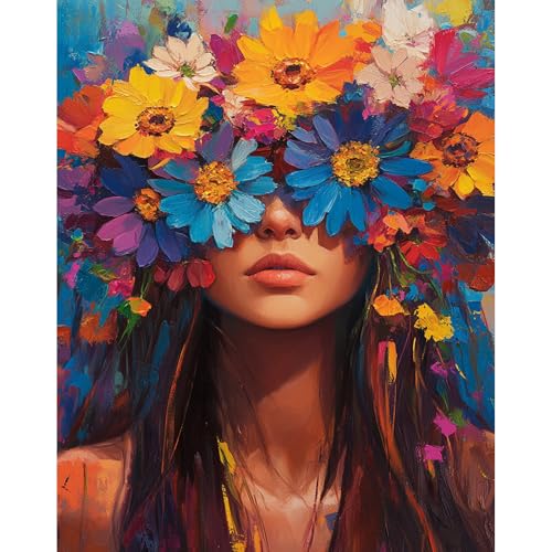 DAERLE Peinture par numéros pour adultes Femme avec une fleur, Peinture à l'huile à la main débutants Fleurs colorées, Peinture par Numéros pour la Décoration de...