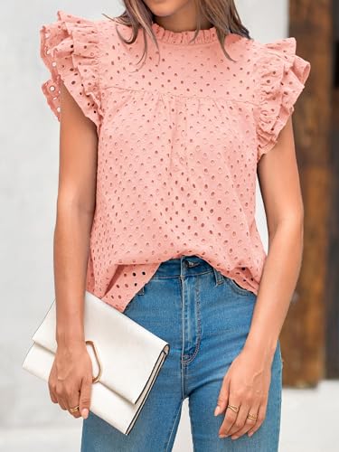 BTFBM Casual Summer Tops for Women 2025 Short Ruffle Sleeves Shirts Crew Neck Hollow Out Lace Embroidered Blouses