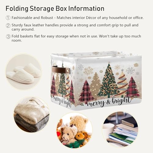Image of Christmas Tree Golden Leopard Storage Basket with Waterproof Liner and PU Handles Winter Cheetah Snowflake Storage Boxes 14.2 inch Collapsible Decorative Organizer Baskets for Bedroom Closet Office 2 Pack