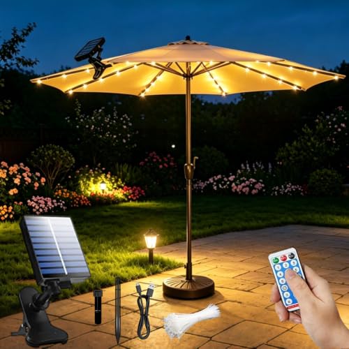RNPKZ Guirlande lumineuse solaire pour parasol - 104 LED - 8 modes - Guirlande lumineuse pour parasol - Avec télécommande - Pour décoration de parasol,...
