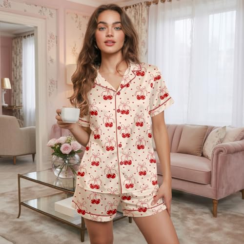 Image of Women's satin pajamas set, Short-sleeve button down Loungewear | Exclusive print on soft satin fabric; breathable comfort for sleep or lounge; button front top, elastic shorts; easy care