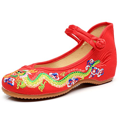 Qhome Womens Chinese Traditional Dragon Embroidery Flats Cheongsam Walking Mary Jane Shoes