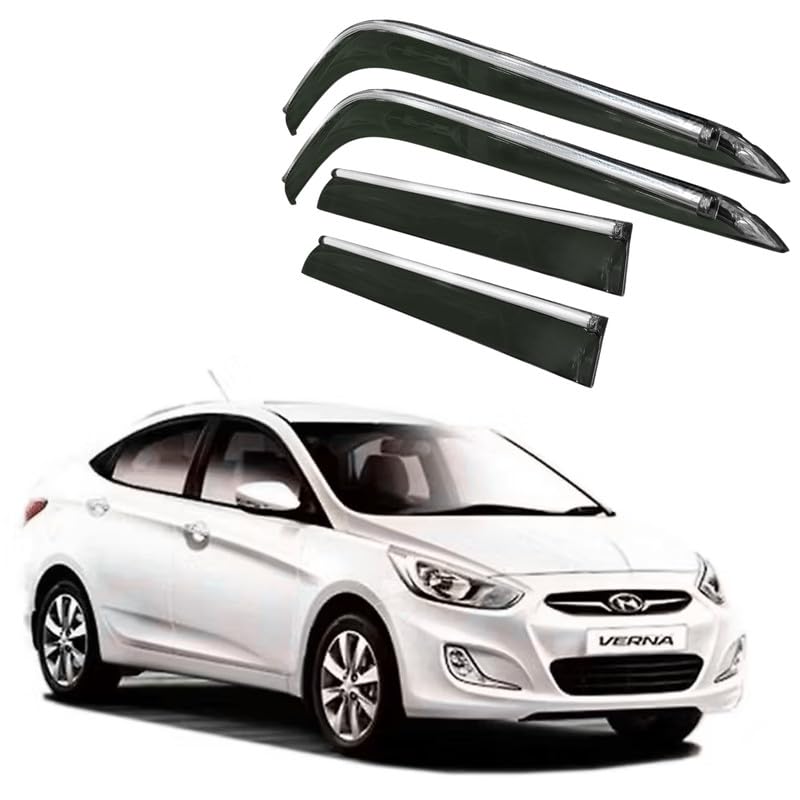 Image of CAR SAAZ Side Door Visors for Verna FLUDIC (2011-2016)(Set of 4Pcs) | Chrome Lined Rain Guards, Polycarbonate, Smoke Finish