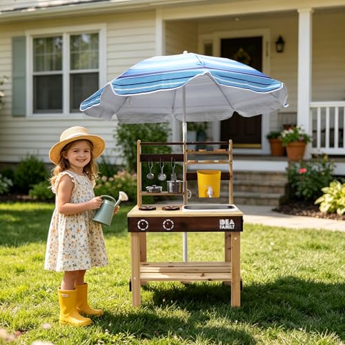 IDEA FAMILY Wooden Mud Kitchen 7 in 1 Outdoor Pretend Play Kitchen with Umbrella Removable Sink & Chalkboard Cooking Accessories Backyard Pretend Toy for Kids Aged 3-8