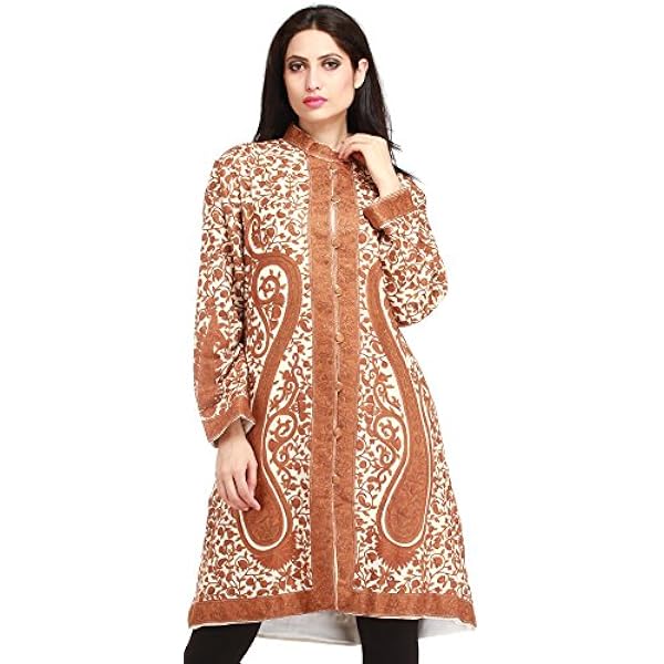 Exotic India Marfil y Marrón Cachemira Chaqueta Larga con Todo Sobre Mano - Off-White