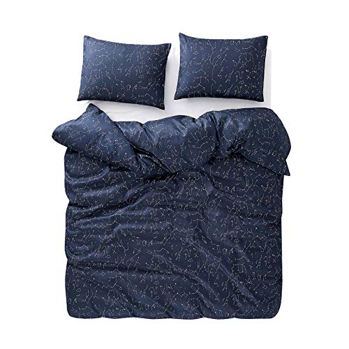 Wake In Cloud - Constellation Comforter Set, Navy Blue With White Space Stars Pattern Printed, Soft Microfiber Bedding (3Pcs, Queen Size) #TOP3