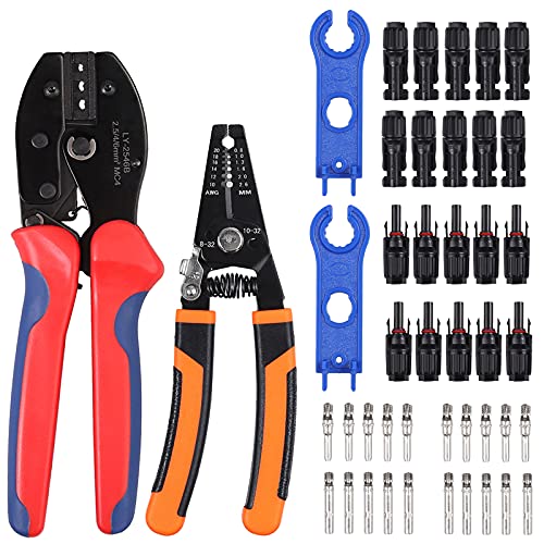 EYPINS Solar Crimper and Stripper for 2.5/4.0/6.0mm Solar Panel PV Cable, Wire Stripper Cutter Crimping Tool with 10 Pairs Male Female Connector 1 Pair Solar Connector Assembly Tool Spanner Wrench