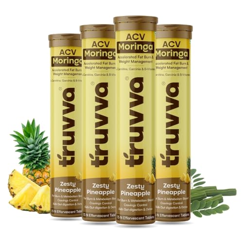 Image of ACV Moringa Tablets for Weight Management 60 Effervescent Tablets Zesty Pineapple Flavor with Moringa Extract | Cravings Control | Helps Digestion & Metabolism Support 15 Tablets (Pack of 4)