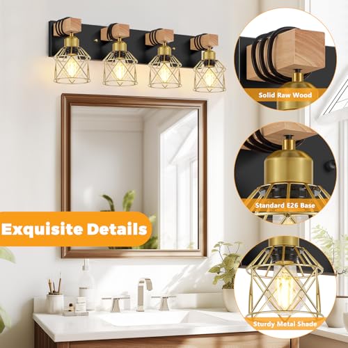 Image of FadimiKoo Farmhouse Bathroom Vanity Light Fixtures, 4-Light Wood Bathroom Lighting Over Mirror, Rustic Black Gold Sconces Wall Lighting with Metal Lampshade for Living Room, Bedroom, Hallway