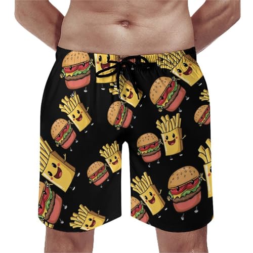Cute Hamburger French Fries Men's Swim Trunks Quick Dry Board Shorts Hawaiian Beach Shorts With Pocket
