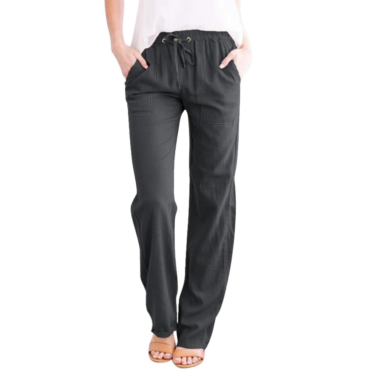 Cotton Linen Pants Women 2025 Casual Straight Leg Drawstring Elastic Hight Waist Trousers Pockets Loose Palazzo Pants