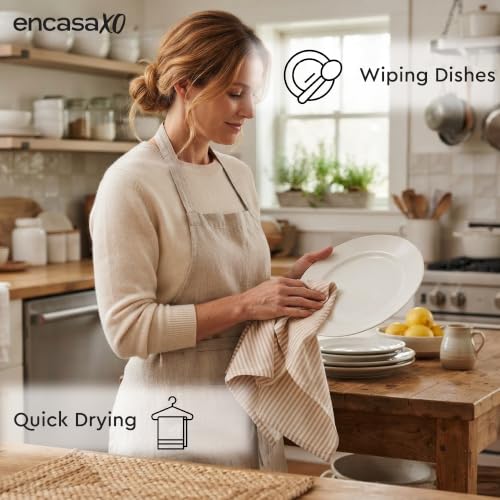 Image of Encasa XO Kitchen Towels Cotton Pack of 4 | 70x45 cm, Ticking Beige - Dish Cloths | Highly Absorbent Cleaning & Wiping Cloths for Kitchen | Reusable Tea Towels
