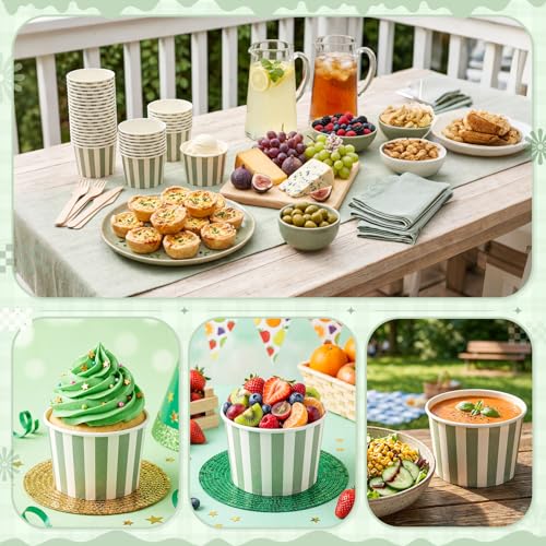 Image of Zopeal 50 Count Sage Green Striped Ice Cream Cups Disposable Dessert Bowls | 9 oz Paper Ice Cream Bowls, Birthday Party Supplies, Snack Cups Sundae Picnic Yogurt Bowls for Food