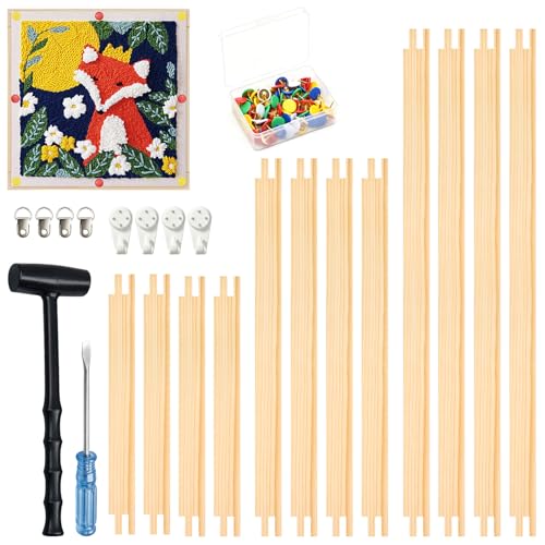 keepxaus 12 Pcs Needlepoint Stretcher Bars Wooden Bars for Needlework 3 Sizes 8/12/16 Inch Frame with 100 Tacks Hooks Hammer & Flathead Screwdriver for Cross Stitch Embroidery & Canvas Crafts