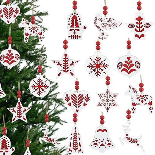 24 Pcs Double-Layer Scandinavian Folk Style Christmas Ornaments 3.7 Inch Wooden Nordic Christmas Tree Hanging Decorations Farmhouse Rustic Hanging Craft Ornaments Decor for Xmas Tree Home