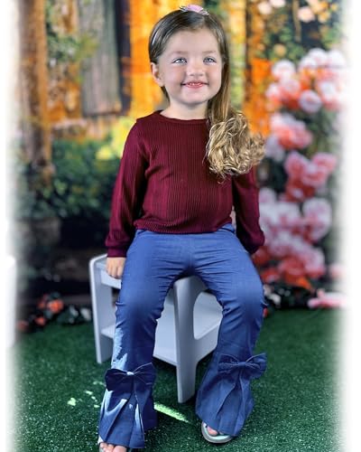 Image of HINTINA Toddler Little Girl Fall Winter Clothes Knitted Sweatsuit Denims Bell Bottom Flared Pants Set