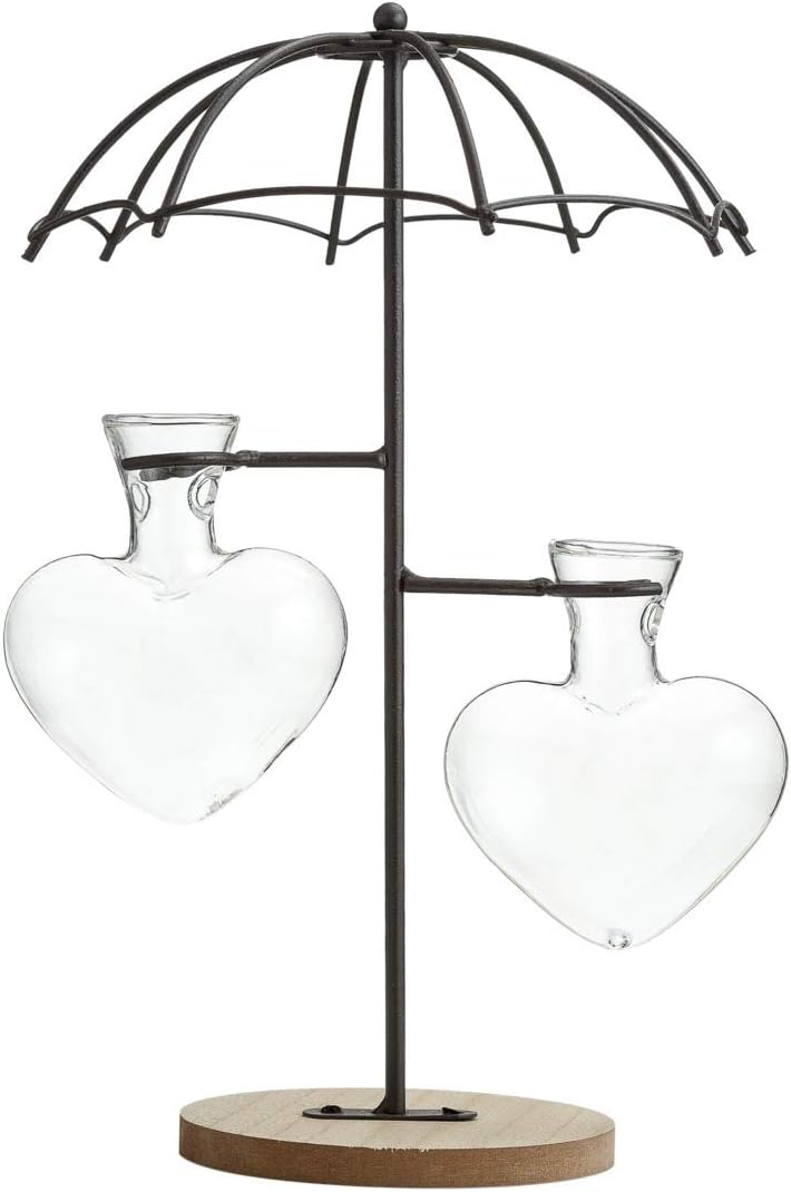 TJ Global Umbrella Double Glass Heart Vase Planter Holder, Plant Terrarium, Propagation Station, Metal Stand for Hydroponics Plants Home Garden Wedding Decoration Outdoor Planter Ideas Modern Creative