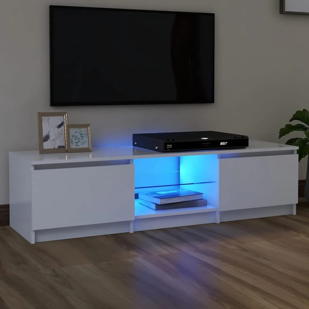 vidaXL Meuble TV avec éclairage LED, Gris béton, 120x30x36 cm, Panneaux de Bois & Verre trempé, Support TV Jusqu’à 50", Buffet Bas avec étagères, Meuble Moderne de Salon