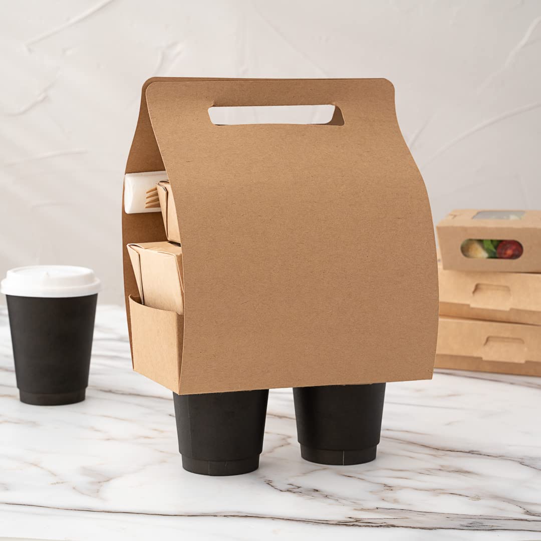 Restaurantware Bio Tek - Fiambreras de papel con asas, 100 recipientes desechables de papel kraft para alimentos, 21 x 10 x 20 cm, portavasos para utensilios de cocina, portadores de bebidas para