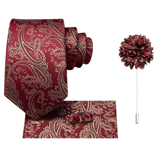 Image of Dubulle Mens Tie and Lapel Pin Paisley Striped Floral Necktie for Men Pocket Square Cufflinks 4PCS Set Wedding Party