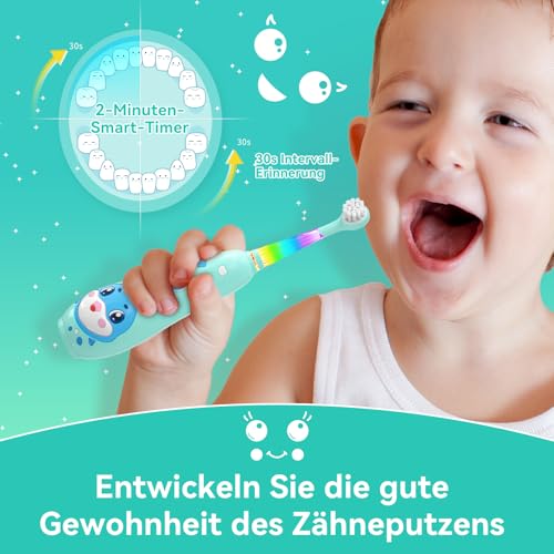 Seago Elektrische Zahnbürste Kinder 0-6 Jahre mit buntem LED Licht, Smart Timer, wiederaufladbare Baby Zahnbürste mit 8 weiche Ersatzbürstenköpfen, IPX7 Wasserdicht, SG2139 (Blau) – Bild 7