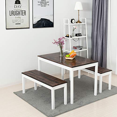 image for Mecor 3-Piece Dining Set Table with 2 Benches, Solid Pine Wood Tableto