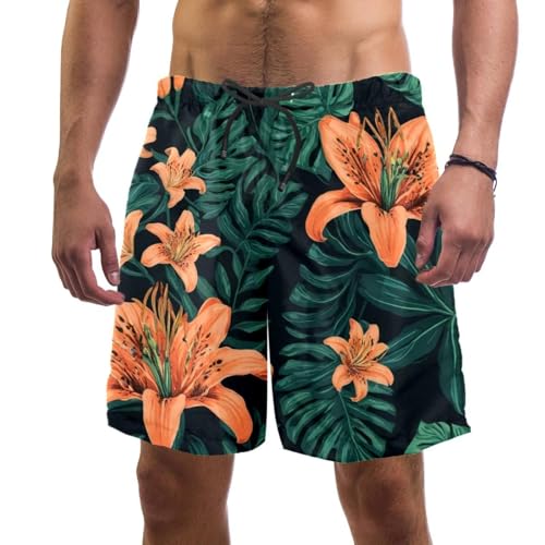 Men's Colorful Tropical Leaves Quick Dry Swim Trunks - Bathing Suits & Beach Shorts with Pockets