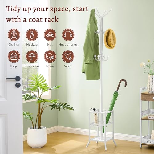 FAVOOSTY Coat Stand Coat Rack with 12 Hooks, Free standing Clothes Clothing Rack with Umbrella Holder, Hats, Bags for Hallway Bedroom Living Room Office, White - Cosy Home Interiors FAVOOSTY Coat Stand Coat Rack with 12 Hooks, Free standing Clothes Clothing Rack with Umbrella Holder, Hats, Bags for Hallway Bedroom Living Room Office, White - Image 6