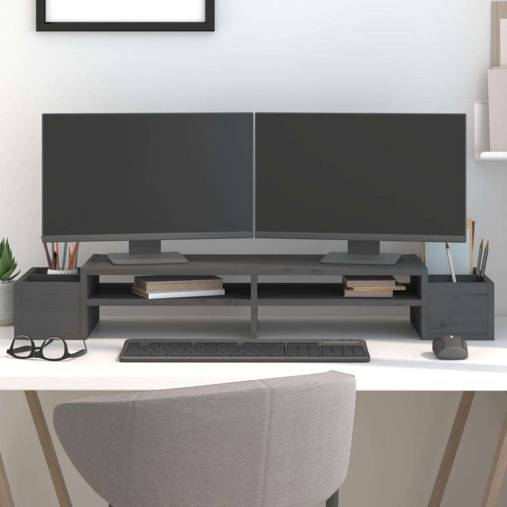 Supporto per monitor in legno di pino massiccio, 100 x 27,5 x 15 cm, supporto da scrivania con 4 ripiani, supporto per laptop per ufficio, casa, gaming e posto di lavoro