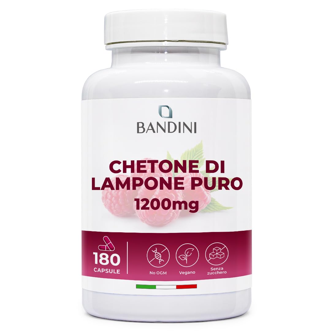 Bandini® Chetone di Lampone Puro 1200mg - Integratore Vegano con 180 Capsule per 6 Mesi - Vegan, Facile da Deglutire - Ideale per Dieta Keto, Low Carb e Stili di Vita Equilibrati