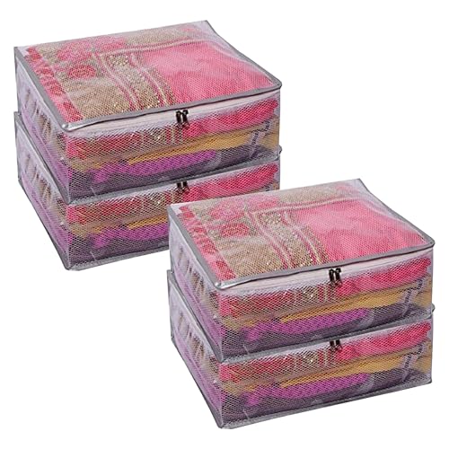 Image of Kuber Industries Polyvinyl Chloride Pack of 4 Saree Cover | Dress Packing Bags with Zip | Saree Pouches for Storage | Clothes Organizer for Wardrobe | Silver Lace | Transparent, 40cm, 30cm