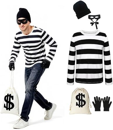 Adult Robber Costume Set Cosplay Thief Accessories for Halloween Party Black and White Striped Knit Beanie Cap