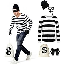 Adult Robber Costume Set Cosplay Thief Accessories for Halloween Party Black and White Striped Knit Beanie Cap
