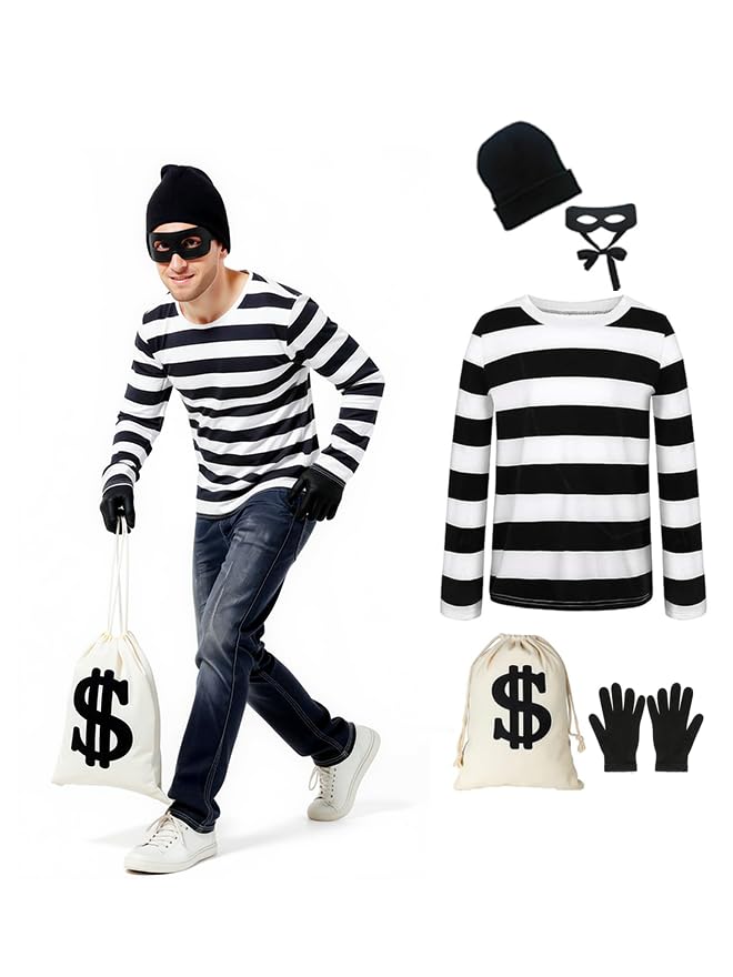 Adult Robber Costume Set Cosplay Thief Accessories for Halloween Party Black and White Striped Knit Beanie Cap Cosplay Burglar Accessories XL