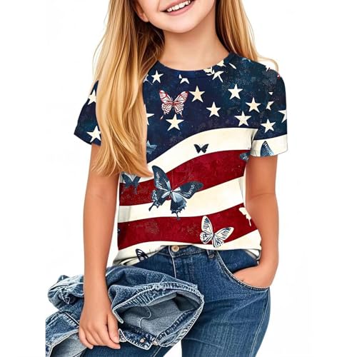 Finelylove Girls 4th of July Shirt American Flag Patriotic t-Shirt Short Sleeve Stars Stripes USA Tops Outfits 3-12 Years